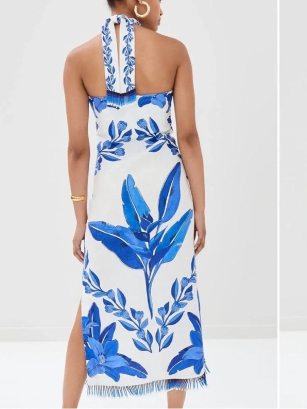 FARM Rio Halter Blue Yard Off-White Maxi Dress with Beaded Fringe - Picture 4 of 15